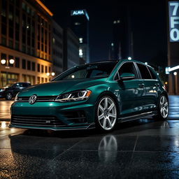 A dark green MK7 VW Golf R featuring a very aggressive body kit that emphasizes its sporty design with sharp angles and bold contours