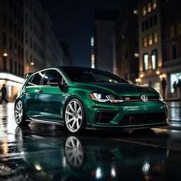A dark green MK7 VW Golf R featuring a very aggressive body kit that emphasizes its sporty design with sharp angles and bold contours