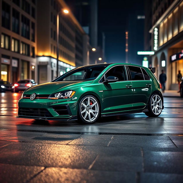 A dark green MK7 VW Golf R featuring a very aggressive body kit that emphasizes its sporty design with sharp angles and bold contours