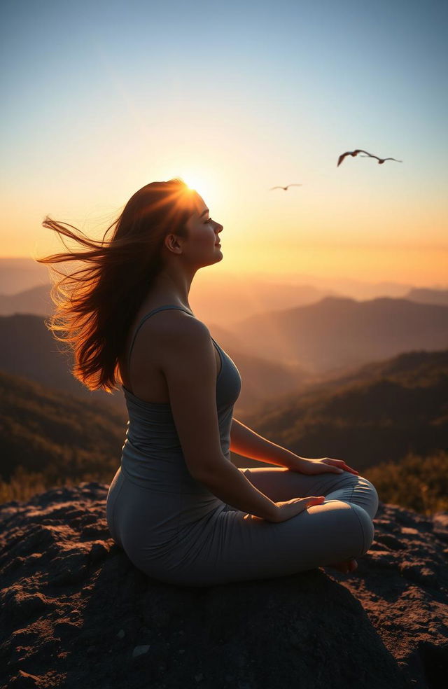 A serene and inspiring scene depicting a person sitting cross-legged on a mountain top at sunrise, radiating a sense of peace and self-reflection