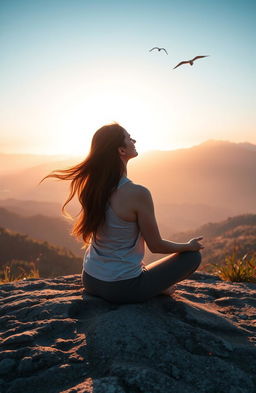 A serene and inspiring scene depicting a person sitting cross-legged on a mountain top at sunrise, radiating a sense of peace and self-reflection