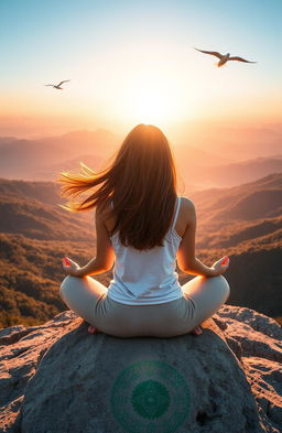 A serene and inspiring scene depicting a person sitting cross-legged on a mountain top at sunrise, radiating a sense of peace and self-reflection