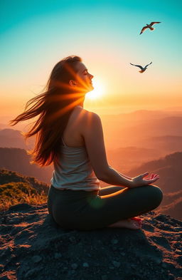 A serene and inspiring scene depicting a person sitting cross-legged on a mountain top at sunrise, radiating a sense of peace and self-reflection