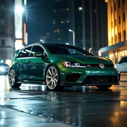 A dark green MK7 VW Golf R with a very aggressive body kit and striking white rims