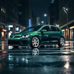 A dark green MK7 VW Golf R with a very aggressive body kit and striking white rims