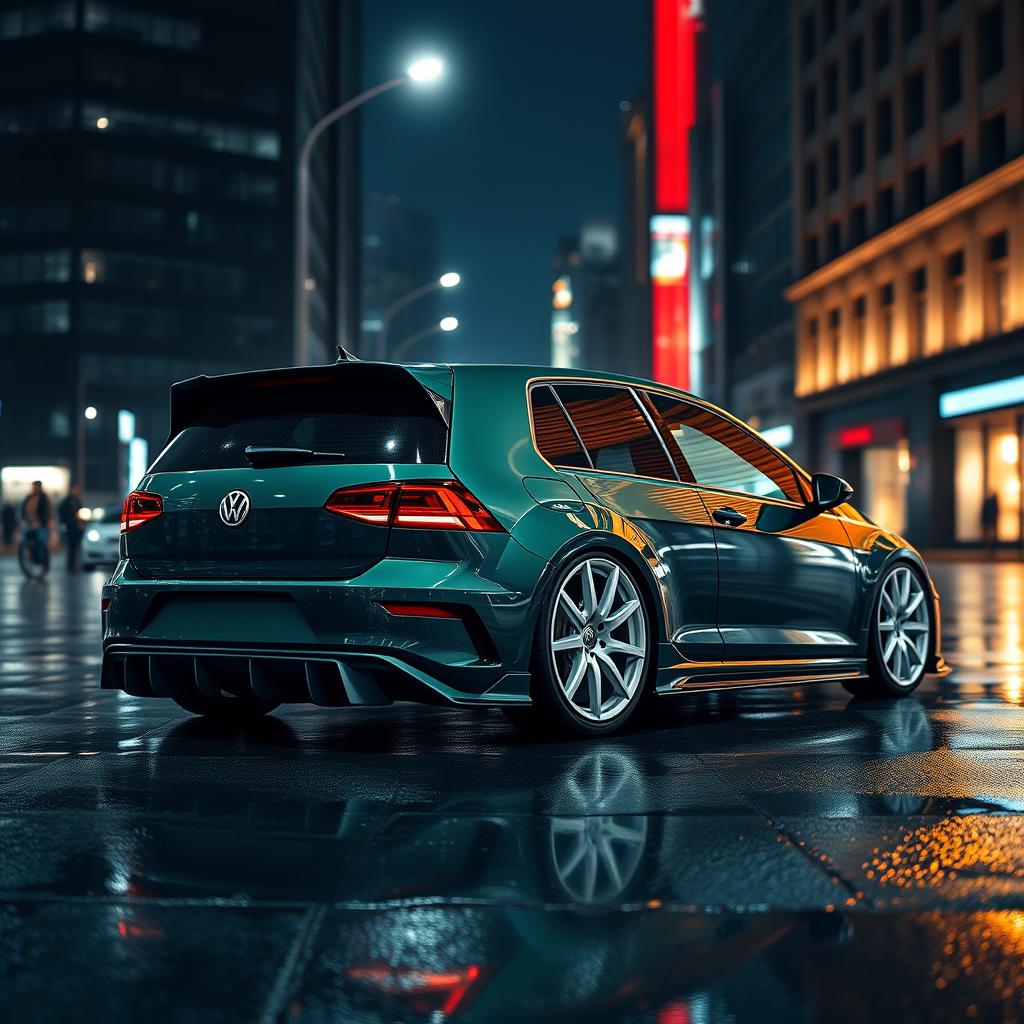 A dark green MK7 VW Golf R with a very aggressive body kit and striking white rims