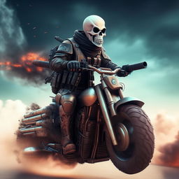 A rifle-armed kidnapper with a skeleton face mask and a normal bullet-proof vest, riding on a futuristic fantasy hover-bike, traversing the sky.