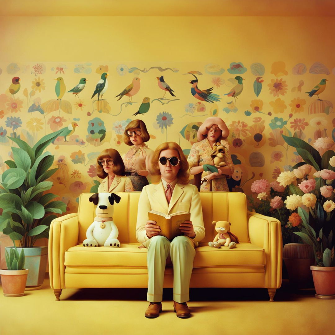 A Wes Anderson-style Family Guy poster with lo-fi aesthetics featuring Peter Griffin on a vintage sofa, Lois standing beside him in a floral dress matching the wallpaper, Brian reading an existential book on the floor, Stewie perched on the armrest in a sailor suit with Rupert, Meg peeking from behind a curtain and Chris engrossed in a comic book.