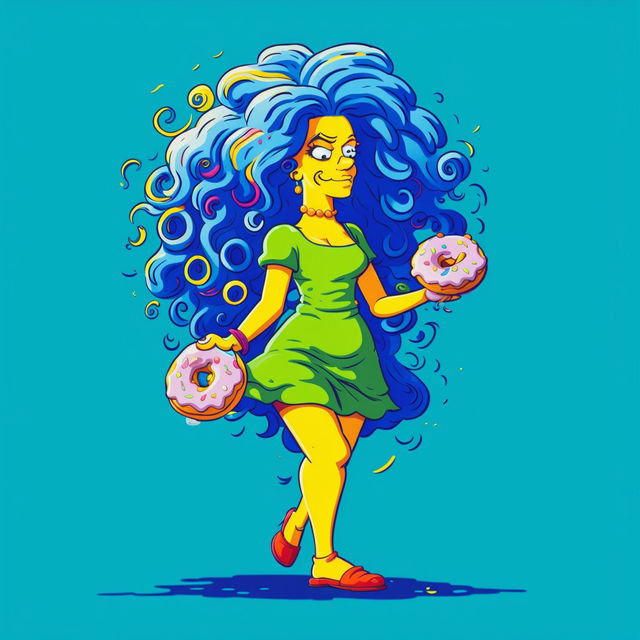 A Simpsons-style cartoon woman with blue curly hair and green dress, holding a pink donut.