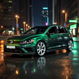 A dark green MK7 VW Golf R featuring a very aggressive body kit and stylish white rims, captured from a high 3/4 side angle view to prominently showcase the bonnet and roofline
