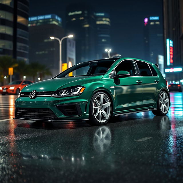 A dark green MK7 VW Golf R featuring a very aggressive body kit and stylish white rims, captured from a high 3/4 side angle view to prominently showcase the bonnet and roofline