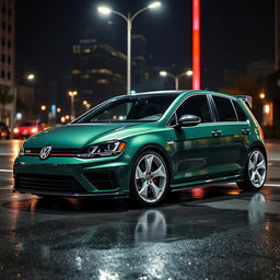 A dark green MK7 VW Golf R featuring a very aggressive body kit and stylish white rims, captured from a high 3/4 side angle view to prominently showcase the bonnet and roofline