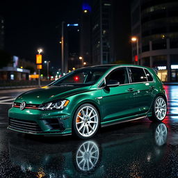 A dark green MK7 VW Golf R featuring a very aggressive body kit and stylish white rims, captured from a high 3/4 side angle view to prominently showcase the bonnet and roofline