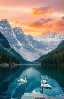 A serene and tranquil landscape featuring a crystal-clear mountain lake surrounded by towering snow-capped peaks, lush green forests lining the shores, and a vibrant sunset casting warm hues of orange and pink across the sky, with fluffy clouds reflecting in the water