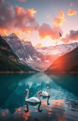 A serene and tranquil landscape featuring a crystal-clear mountain lake surrounded by towering snow-capped peaks, lush green forests lining the shores, and a vibrant sunset casting warm hues of orange and pink across the sky, with fluffy clouds reflecting in the water