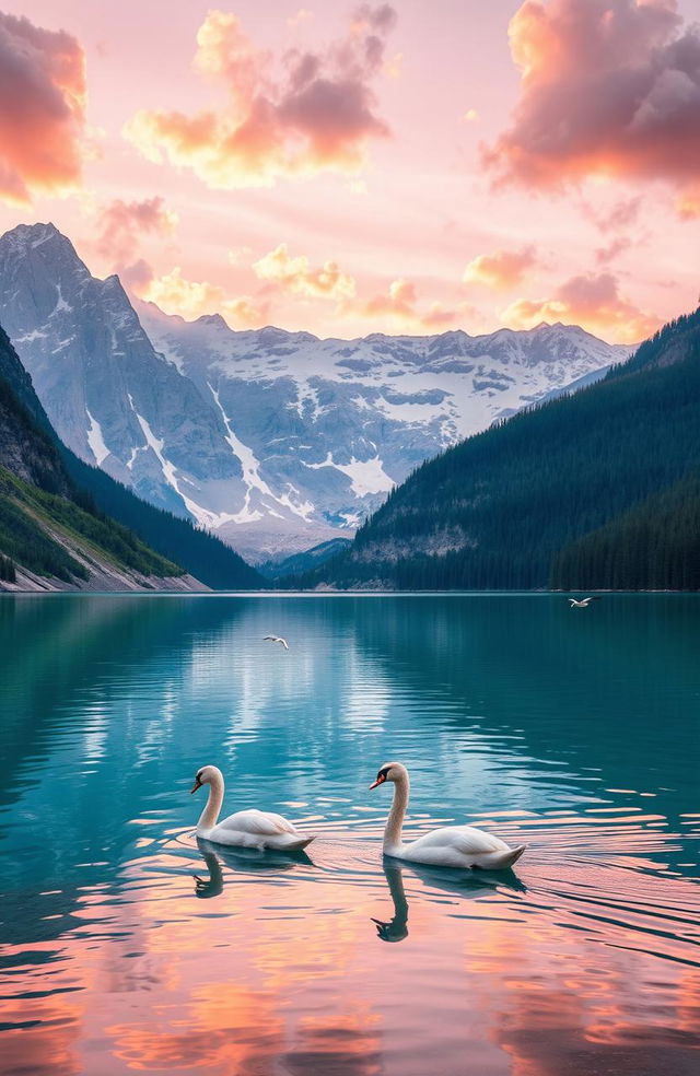 A serene and tranquil landscape featuring a crystal-clear mountain lake surrounded by towering snow-capped peaks, lush green forests lining the shores, and a vibrant sunset casting warm hues of orange and pink across the sky, with fluffy clouds reflecting in the water