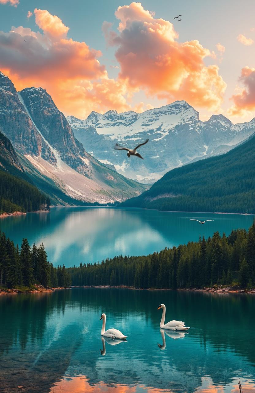 A serene and tranquil landscape featuring a crystal-clear mountain lake surrounded by towering snow-capped peaks, lush green forests lining the shores, and a vibrant sunset casting warm hues of orange and pink across the sky, with fluffy clouds reflecting in the water