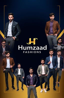 A stylish and modern cover design for a men's clothing brand called 'Humzaad Fashions'