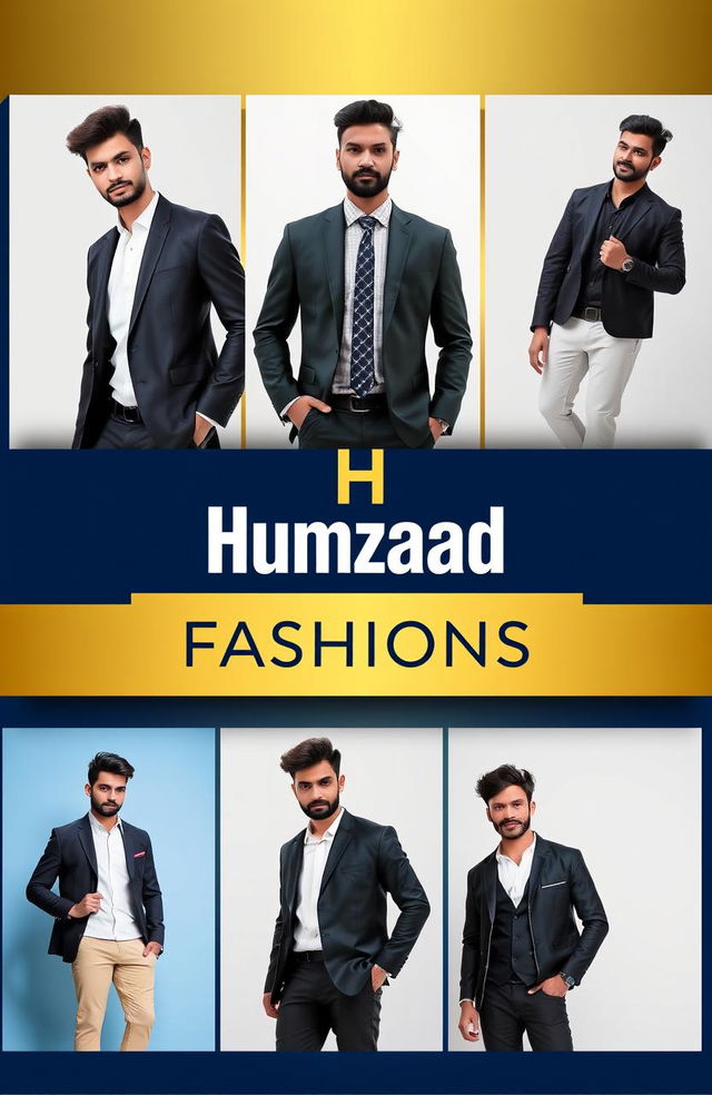 A stylish and modern cover design for a men's clothing brand called 'Humzaad Fashions'