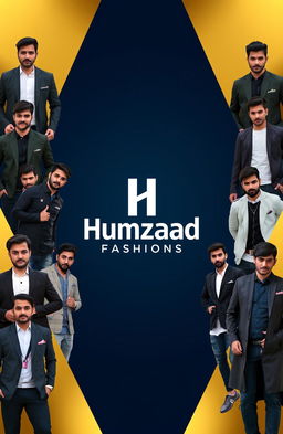 A stylish and modern cover design for a men's clothing brand called 'Humzaad Fashions'