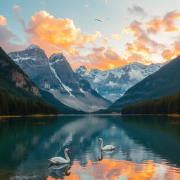 A serene and tranquil landscape featuring a crystal-clear mountain lake surrounded by towering snow-capped peaks, lush green forests lining the shores, and a vibrant sunset casting warm hues of orange and pink across the sky