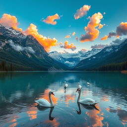 A serene and tranquil landscape featuring a crystal-clear mountain lake surrounded by towering snow-capped peaks, lush green forests lining the shores, and a vibrant sunset casting warm hues of orange and pink across the sky