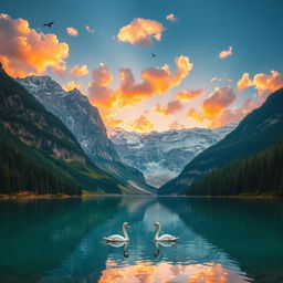 A serene and tranquil landscape featuring a crystal-clear mountain lake surrounded by towering snow-capped peaks, lush green forests lining the shores, and a vibrant sunset casting warm hues of orange and pink across the sky
