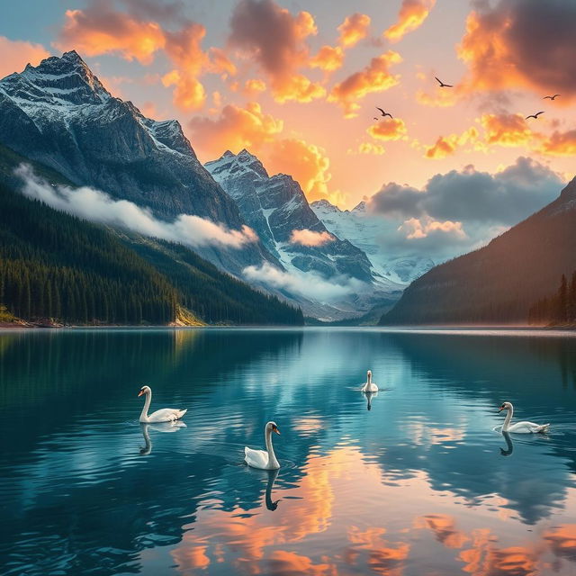 A serene and tranquil landscape featuring a crystal-clear mountain lake surrounded by towering snow-capped peaks, lush green forests lining the shores, and a vibrant sunset casting warm hues of orange and pink across the sky