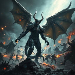 A dramatic scene depicting Azrael Griffin, a striking demon known as the Angel of Death, standing amidst a chaotic battlefield filled with swirling magic and fierce combat