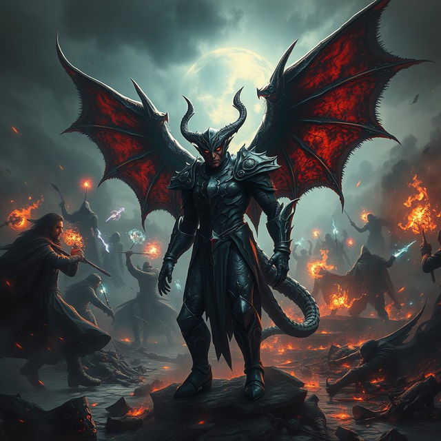 A dramatic scene depicting Azrael Griffin, a striking demon known as the Angel of Death, standing amidst a chaotic battlefield filled with swirling magic and fierce combat