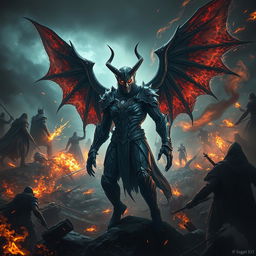 A dramatic scene depicting Azrael Griffin, a striking demon known as the Angel of Death, standing amidst a chaotic battlefield filled with swirling magic and fierce combat