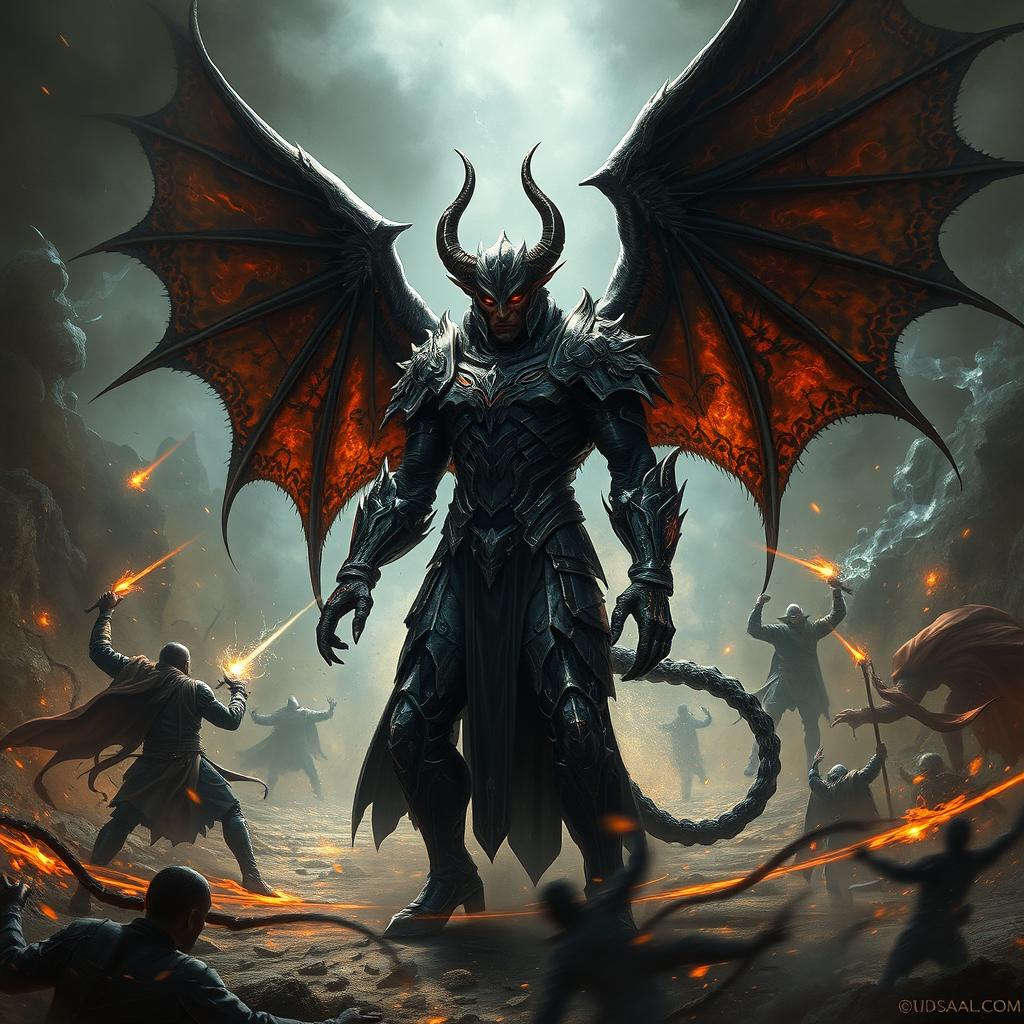 A dramatic scene depicting Azrael Griffin, a striking demon known as the Angel of Death, standing amidst a chaotic battlefield filled with swirling magic and fierce combat