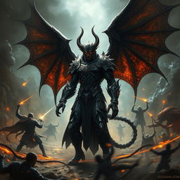 A dramatic scene depicting Azrael Griffin, a striking demon known as the Angel of Death, standing amidst a chaotic battlefield filled with swirling magic and fierce combat