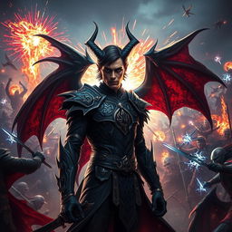 A gripping scene depicting Azrael Griffin, a demon known as the Angel of Death who possesses human-like features, standing at the forefront of a chaotic battlefield filled with clashing warriors and chaotic magic