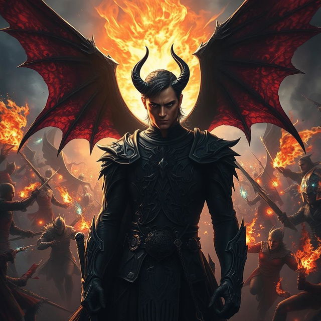 A gripping scene depicting Azrael Griffin, a demon known as the Angel of Death who possesses human-like features, standing at the forefront of a chaotic battlefield filled with clashing warriors and chaotic magic