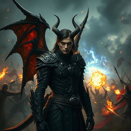A gripping scene depicting Azrael Griffin, a demon known as the Angel of Death who possesses human-like features, standing at the forefront of a chaotic battlefield filled with clashing warriors and chaotic magic