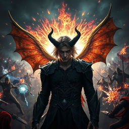 A gripping scene depicting Azrael Griffin, a demon known as the Angel of Death who possesses human-like features, standing at the forefront of a chaotic battlefield filled with clashing warriors and chaotic magic