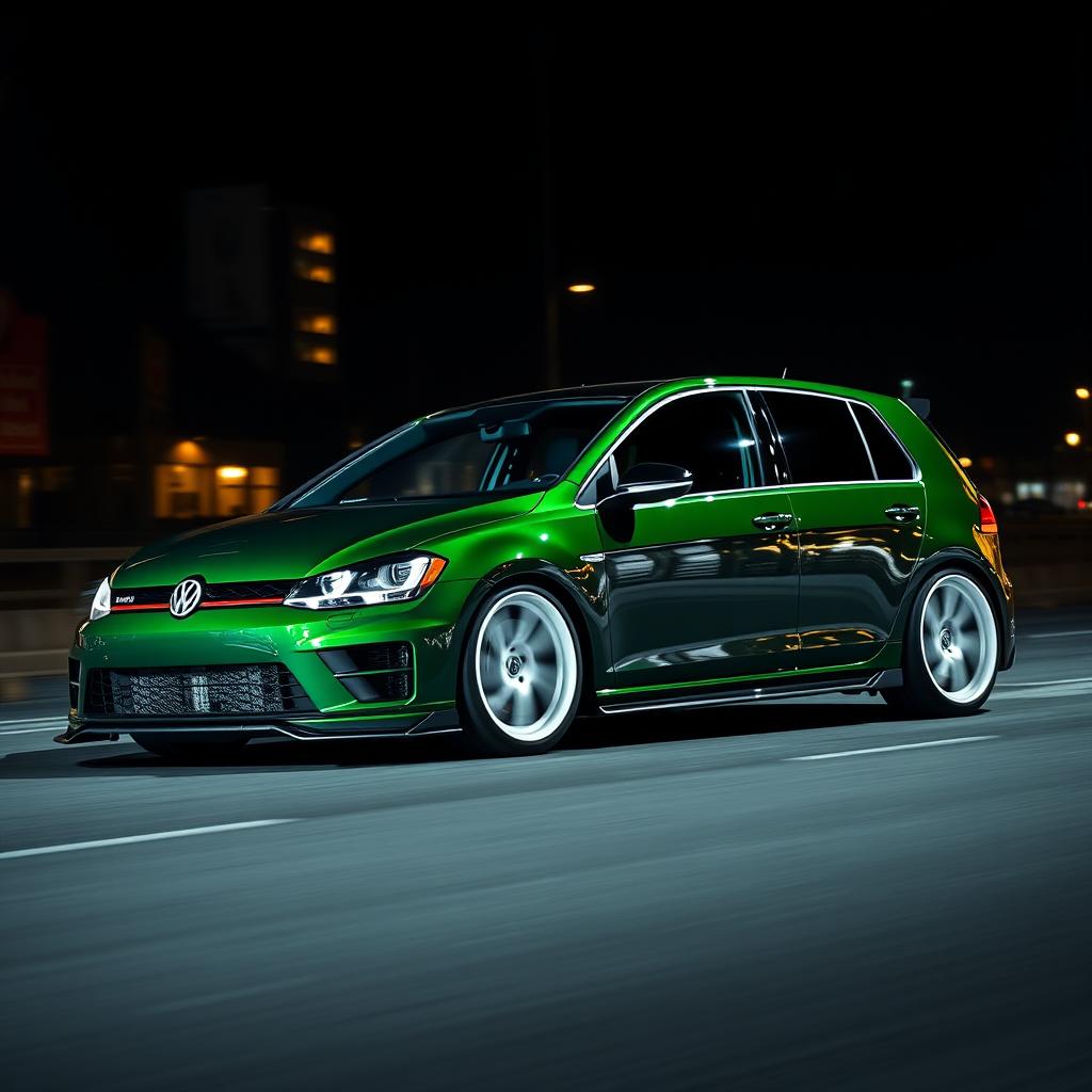 A dark green Volkswagen Golf R MK7 featuring a very aggressive body kit and striking white rims