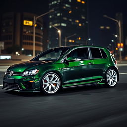 A dark green Volkswagen Golf R MK7 featuring a very aggressive body kit and striking white rims