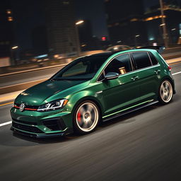 A dark green Volkswagen Golf R MK7 featuring a very aggressive body kit and striking white rims