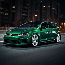 A dark green Volkswagen Golf R MK7 featuring a very aggressive body kit and striking white rims