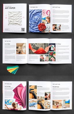 A comprehensive and visually appealing catalog showcasing various types of art paper, including textured, glossy, and recycled options