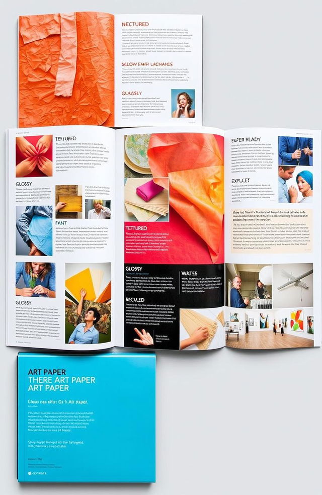 A comprehensive and visually appealing catalog showcasing various types of art paper, including textured, glossy, and recycled options