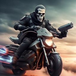 A rifle-armed kidnapper with a skeleton face mask and a normal bullet-proof vest, riding on a futuristic fantasy hover-bike, traversing the sky.