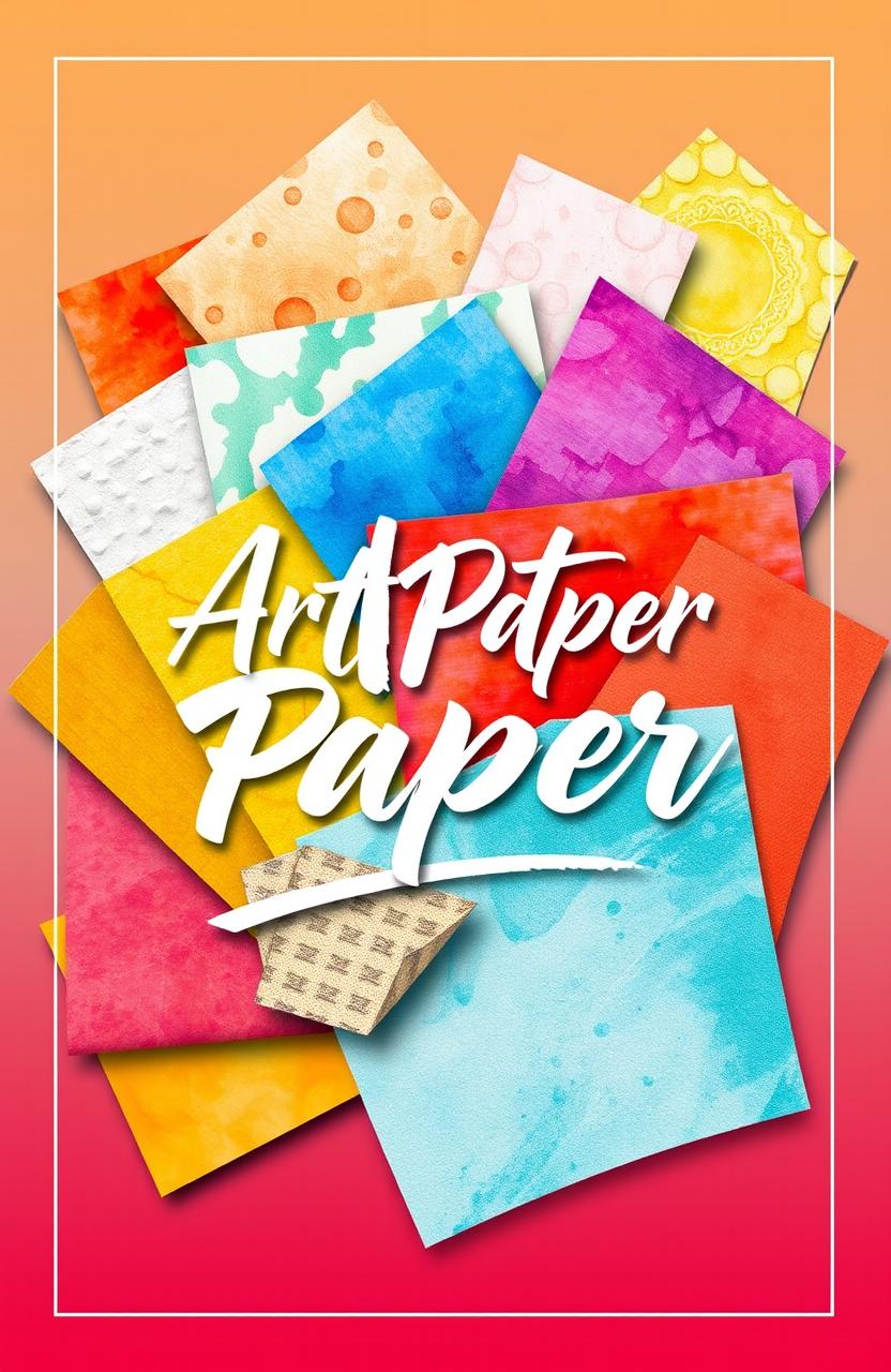 A visually striking catalog cover for art paper, showcasing various textures and styles of paper, with a vibrant color palette