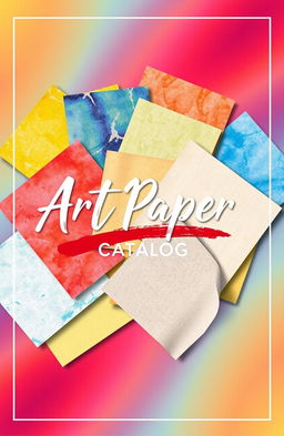 A visually striking catalog cover for art paper, showcasing various textures and styles of paper, with a vibrant color palette