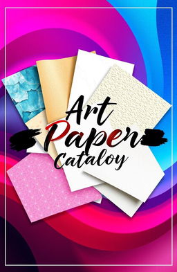 A visually striking catalog cover for art paper, showcasing various textures and styles of paper, with a vibrant color palette