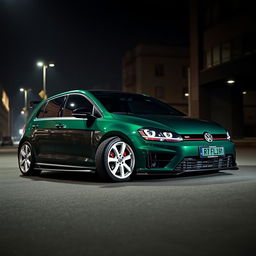A dark green Volkswagen Golf R MK7, equipped with a strikingly aggressive body kit and eye-catching white rims, parked in a dimly lit urban environment