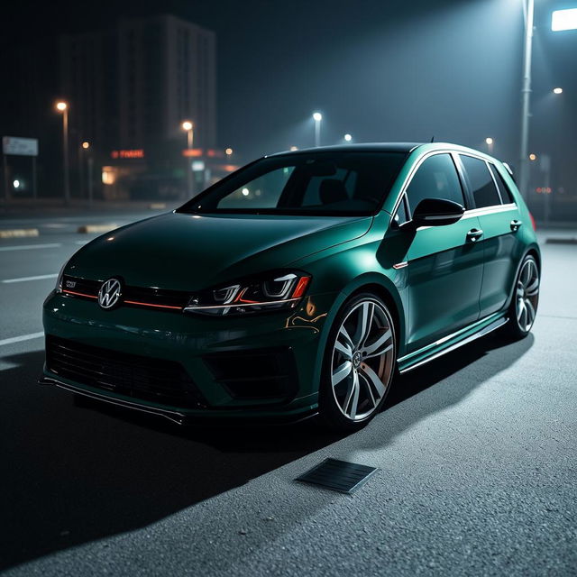 A dark green Volkswagen Golf R MK7, equipped with a strikingly aggressive body kit and eye-catching white rims, parked in a dimly lit urban environment