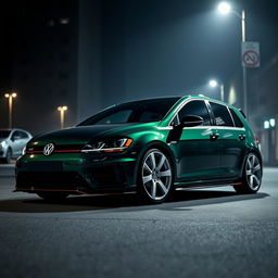 A dark green Volkswagen Golf R MK7, equipped with a strikingly aggressive body kit and eye-catching white rims, parked in a dimly lit urban environment